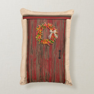 Southwest Chile Wreath on Rustic Red Wood Door Decorative Cushion