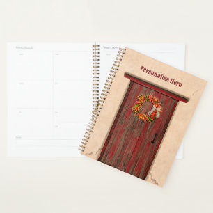 Southwest Chile Wreath on Rustic Red Wood Door Planner
