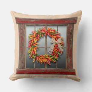 Southwest Chile Wreath on Rustic Red Wood Window Cushion