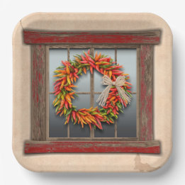 Southwest Chile Wreath on Rustic Red Wood Window Paper Plate