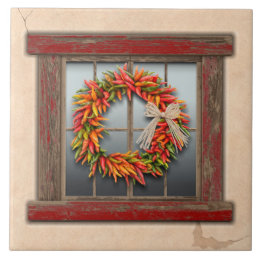 Southwest Chile Wreath on Rustic Red Wood Window Tile