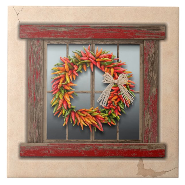 Southwest Chile Wreath on Rustic Red Wood Window Tile (Front)