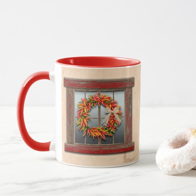 Southwest Chile Wreath on Rustic Wood Window Mug (With Donut)
