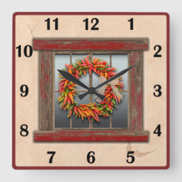Southwest Chile Wreath Red Window Basic Numbers  Square Wall Clock
