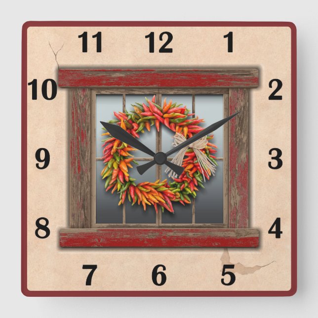 Southwest Chile Wreath Red Window Basic Numbers  Square Wall Clock (Front)