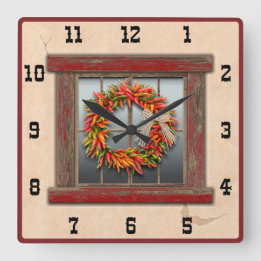 Southwest Chile Wreath Red Window Western Numbers  Square Wall Clock