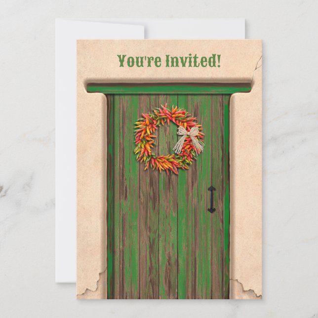 Southwest Chile Wreath Rustic Green Door  Invitation (Front)