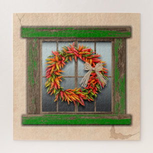 Southwest Chile Wreath Weathered Green Wood Window Jigsaw Puzzle