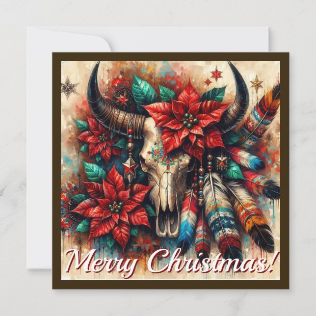 Southwest Christmas – Cow Skull with Poinsettias & Holiday Card (Front)