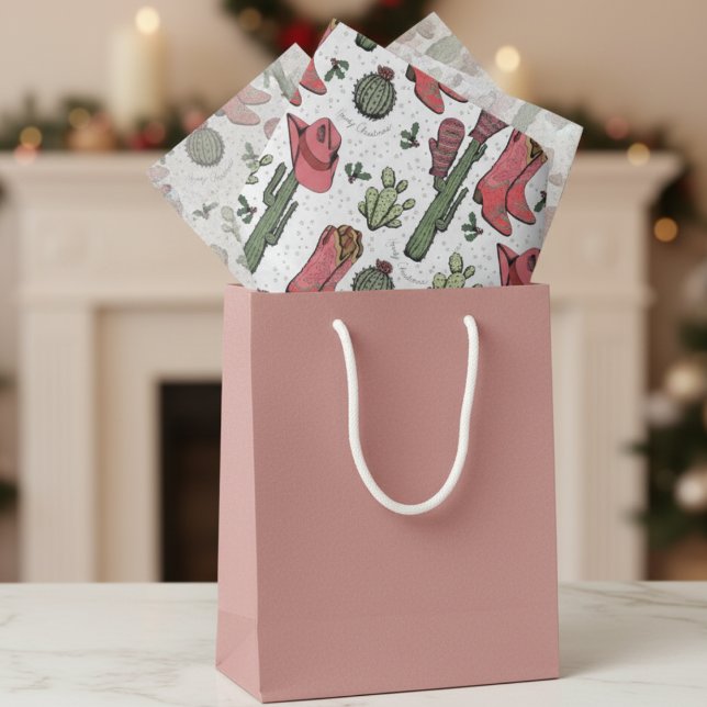 Southwest Christmas Cowgirl Howdy Christmas Tissue Paper (Elegant White Howdy Christmas Western Cowboy  Tissue Paper. Cute Cowgirl Boots & Cactus Pattern)