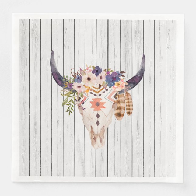 Southwest Cow Skull Tribal Markings and Flowers Napkin (Front)