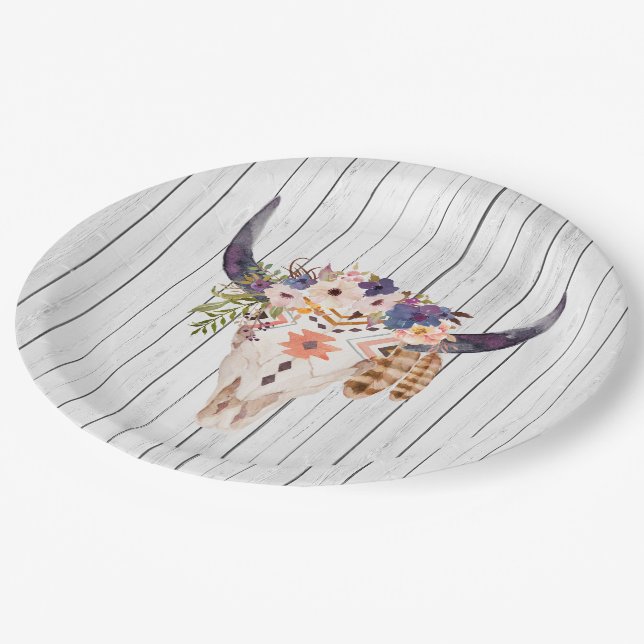 Southwest Cow Skull Tribal Markings and Flowers Paper Plate (Angled)