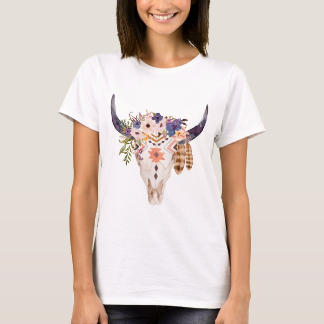 Southwest Cow Skull Tribal Markings and Flowers T-Shirt (Front)