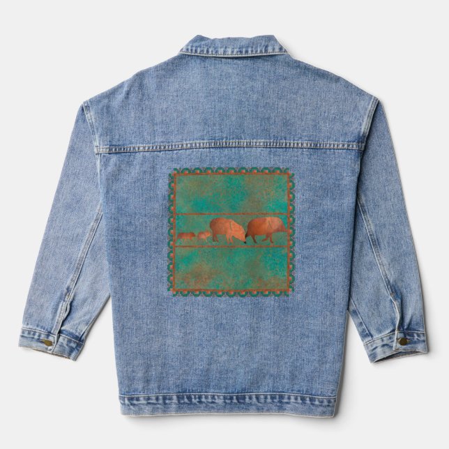 Southwest Cute Javelina Family Copper Teal Colours Denim Jacket (Back)