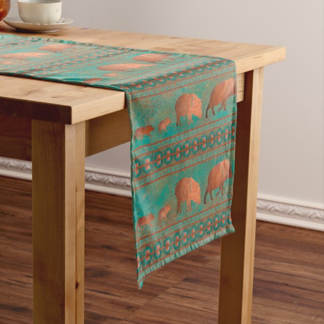 Southwest Cute Javelina Family Copper Teal Medium Table Runner (In Situ)