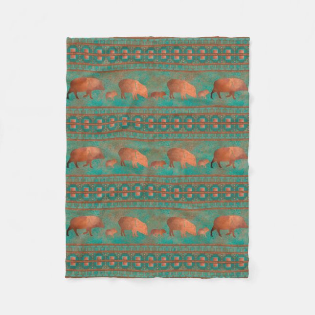 Southwest Cute Javelina Family Copper Teal Small Fleece Blanket (Front)