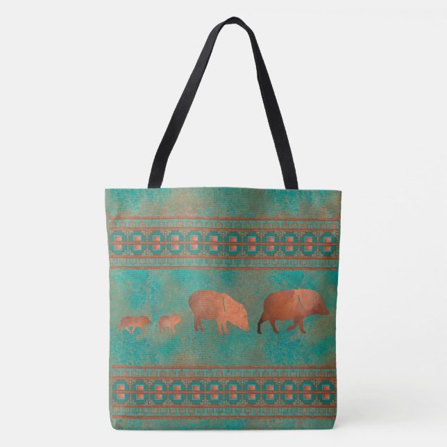 Southwest Cute Javelina Family Copper Teal Tote Bag (Front)