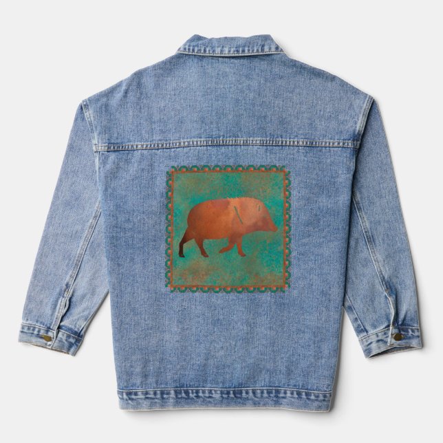 Southwest Cute Javelina in Copper and Teal Colours Denim Jacket (Back)