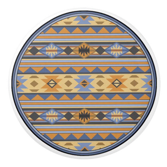 Southwest Design Gold Blue Grey Tribal Pattern Ceramic Knob (Front)