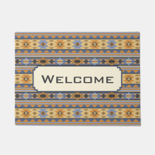Southwest Design Gold Blue Grey Tribal Pattern Doormat