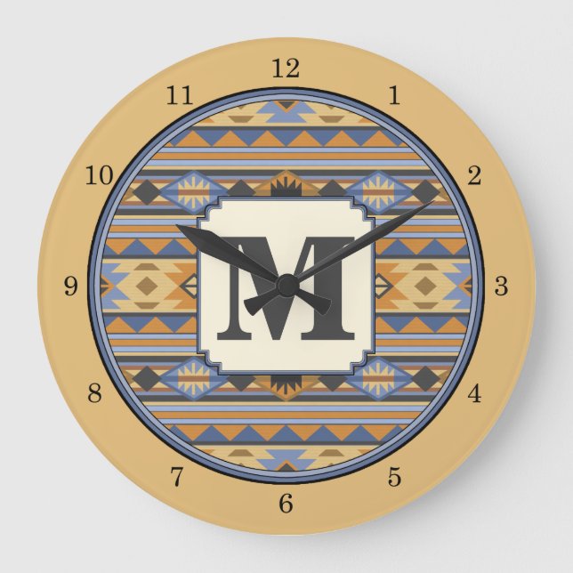 Southwest Design Gold Blue Grey Tribal Pattern Large Clock (Front)