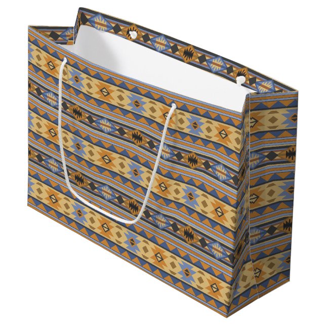 Southwest Design Gold Blue Grey Tribal Pattern Large Gift Bag (Front Angled)