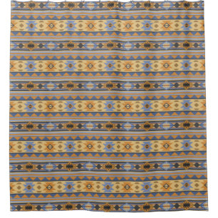 Southwest Design Gold Blue Grey Tribal Pattern Shower Curtain