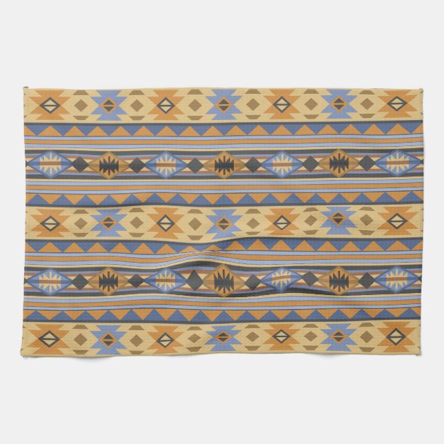 Southwest Design Gold Blue Grey Tribal Pattern Tea Towel (Horizontal)