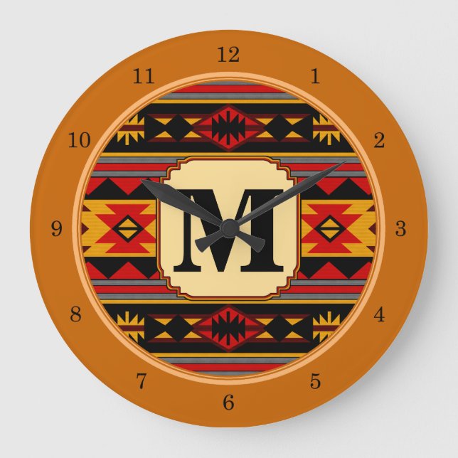 Southwest Design Red Black Gold Monogram Large Clock (Front)