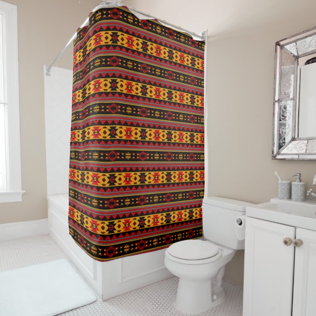Southwest Design Red Black Gold Tribal Pattern Shower Curtain (In Situ)
