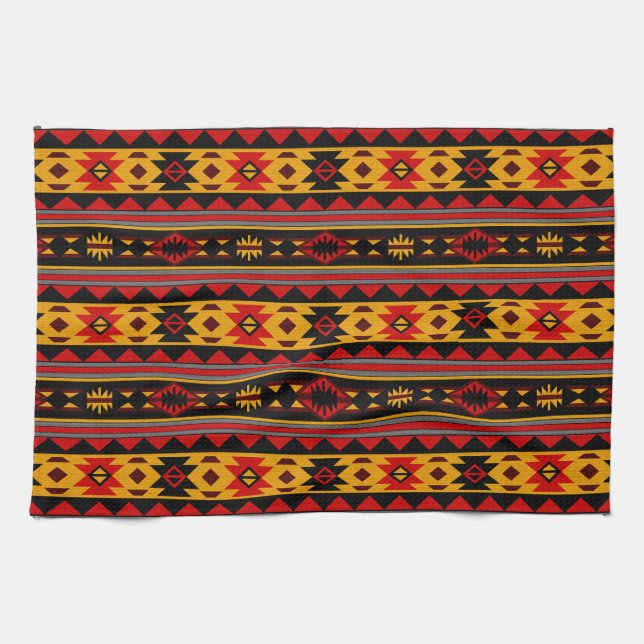 Southwest Design Red Black Gold Tribal Pattern Tea Towel (Horizontal)