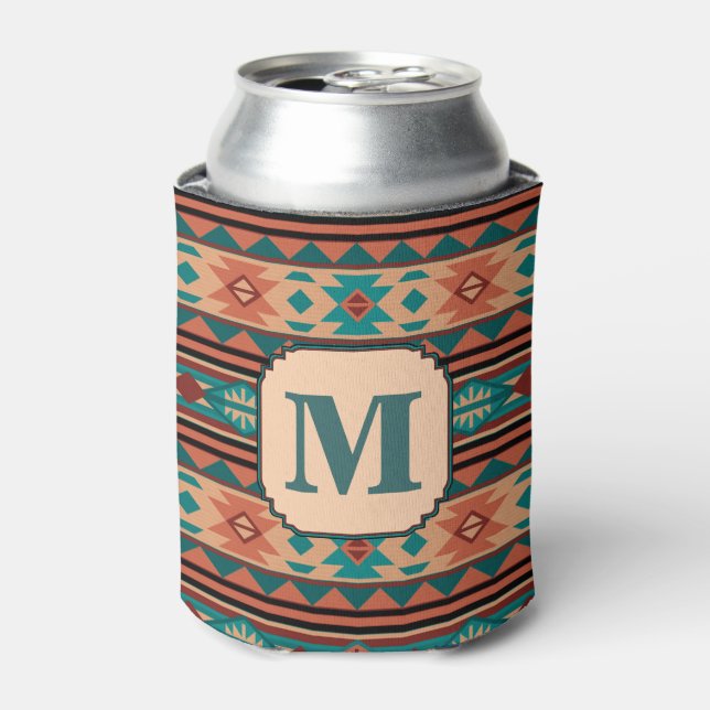 Southwest Design Turquoise Terracotta Monogram Can Cooler (Can Front)