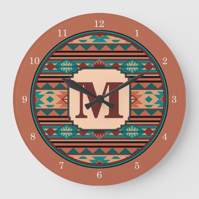 Southwest Design Turquoise Terracotta Monogram Large Clock (Front)