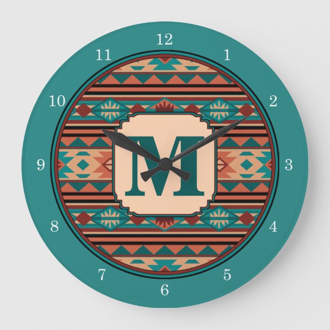 Southwest Design Turquoise Terracotta Monogram Large Clock (Front)