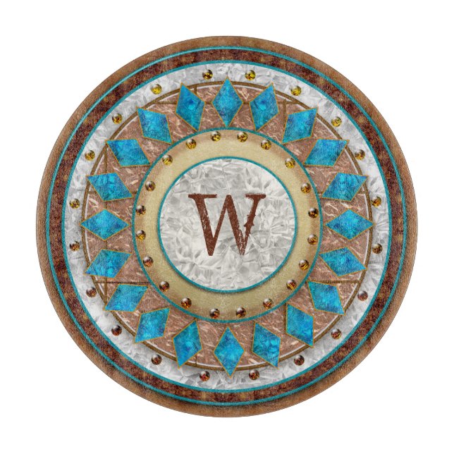 Southwest Design Your Initial Turquoise and Brown Cutting Board (Front)