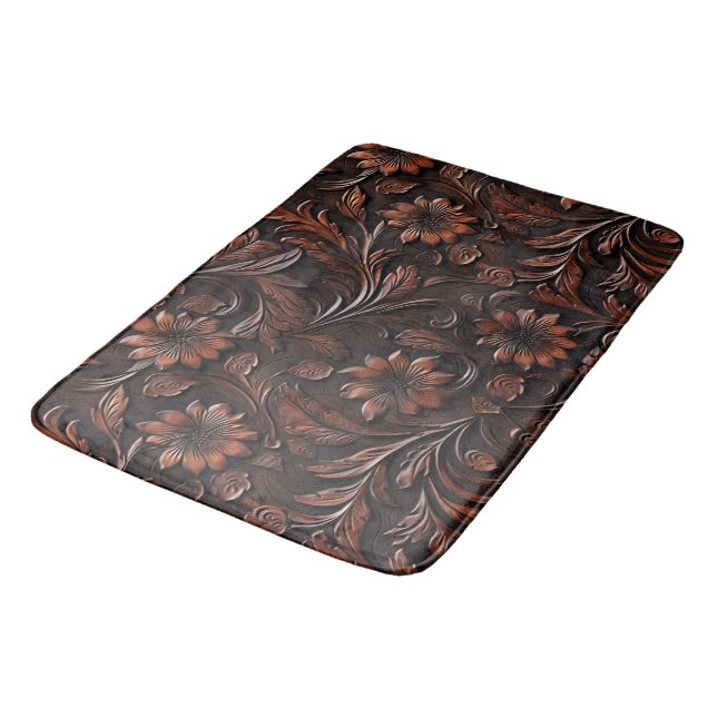 Southwest Faux Brown Leather Cowhide Flowers Bath Mat (Angled)