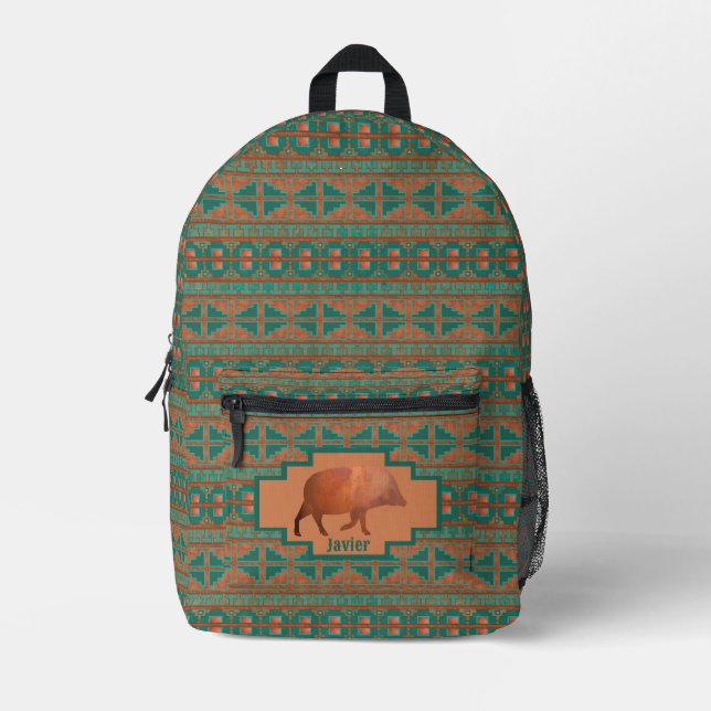 Southwest Fun Javelina Copper Teal Personalised Printed Backpack (Front)