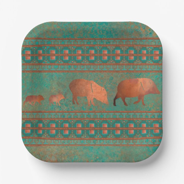Southwest Fun Javelina Family Copper Teal Paper Plate (Front)