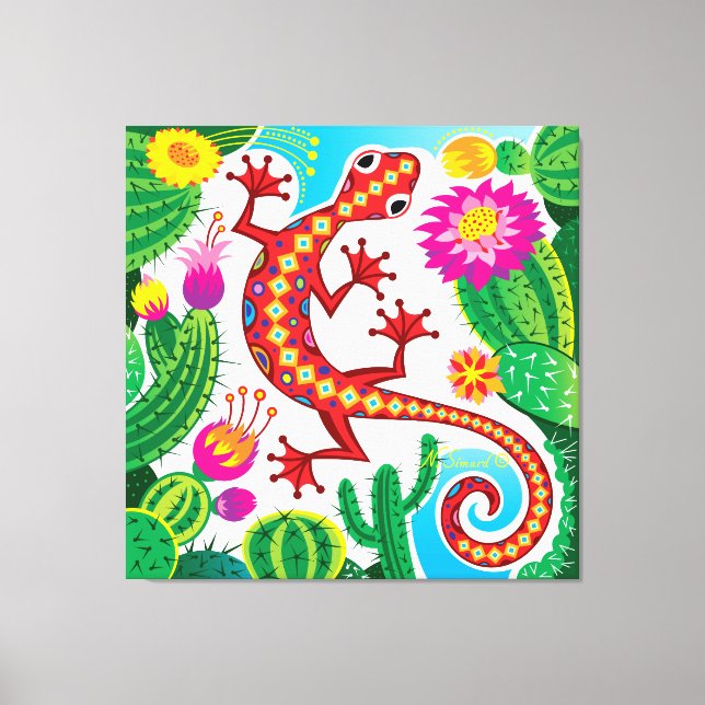 Southwest Gecko with Cactus Blossoms Canvas Print (Front)