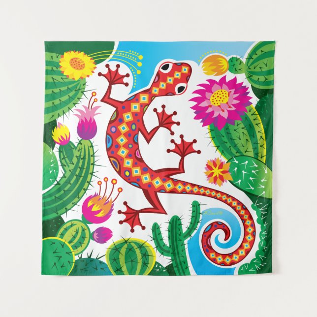 Southwest Gecko with Cactus Blossoms Tapestry (Front)