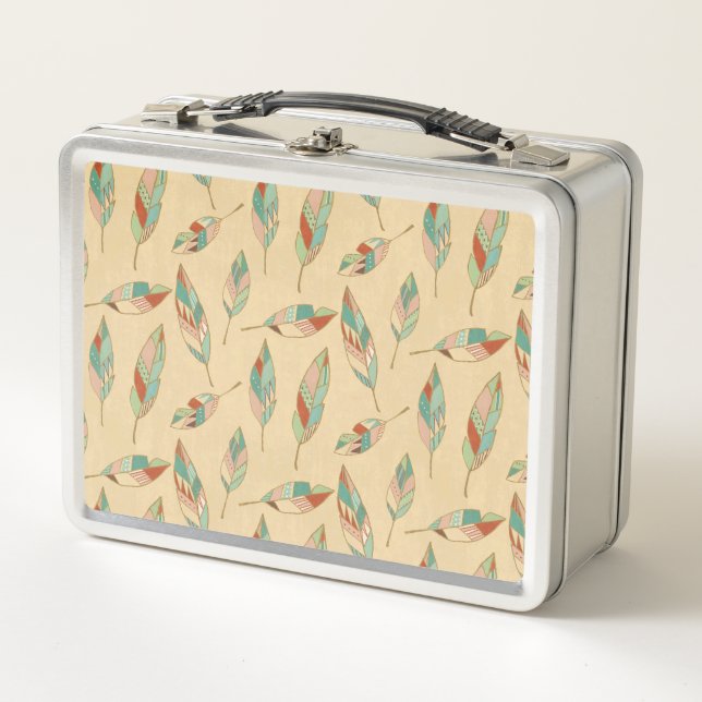 Southwest Geo Step | Coral Feather Pattern Metal Lunch Box (Front)