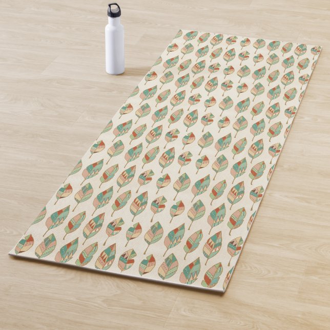 Southwest Geo Step | Coral & Green Feathers Yoga Mat (In Situ)
