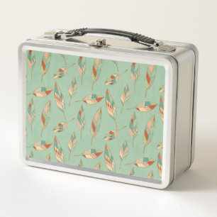 Southwest Geo Step Green Feather Pattern Metal Lunch Box
