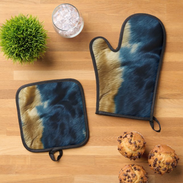 Southwest Gold Blue Cowhide Oven Mitt & Pot Holder Set (Top Down)