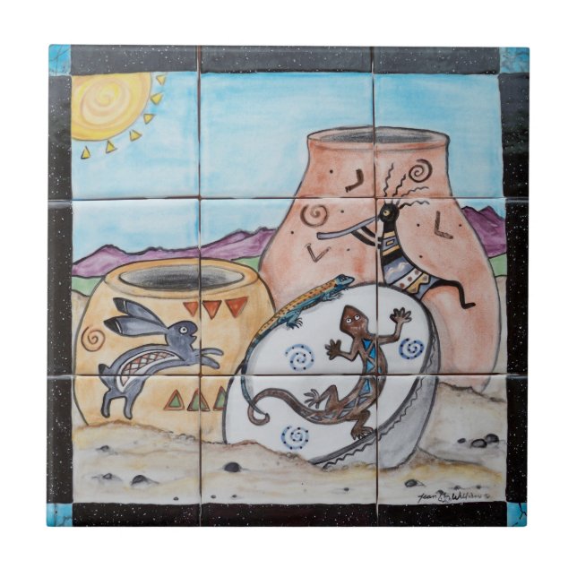 Southwest Indian Pottery Kokopelli Lizard Rabbit Tile (Front)