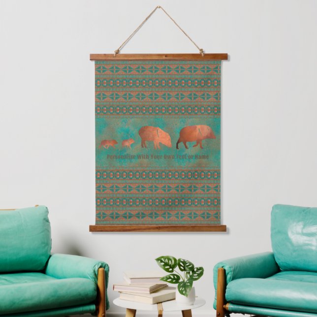 Southwest Javelina Family Copper Teal Personalised Hanging Tapestry (Living Room)