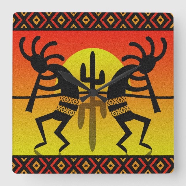 Southwest Kokopelli Cactus Tribal Design Square Wall Clock (Front)