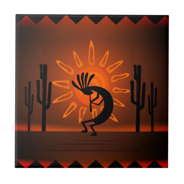 Southwest Kokopelli Desert Sunset Brown Tile (Front)