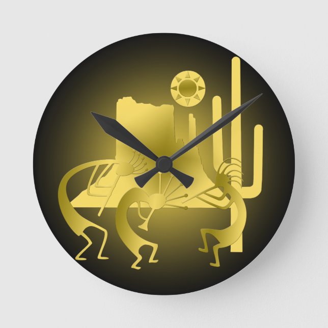 Southwest Kokopelli in Black & Gold Round Clock (Front)