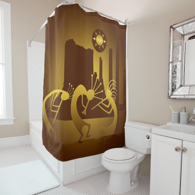Southwest Kokopelli in Bronze and Gold Shower Curtain (In Situ)